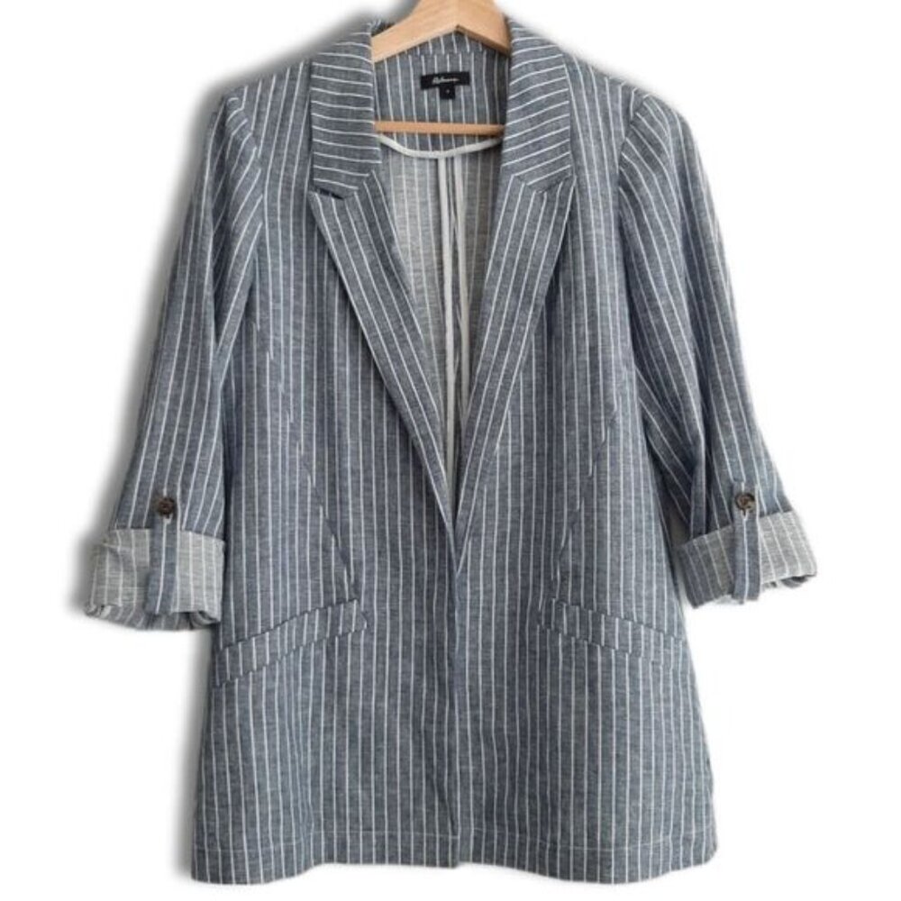 REITMANS Linen Cotton Open Front Utility Sleeve Light Blazer Jacket Blue Sz 4